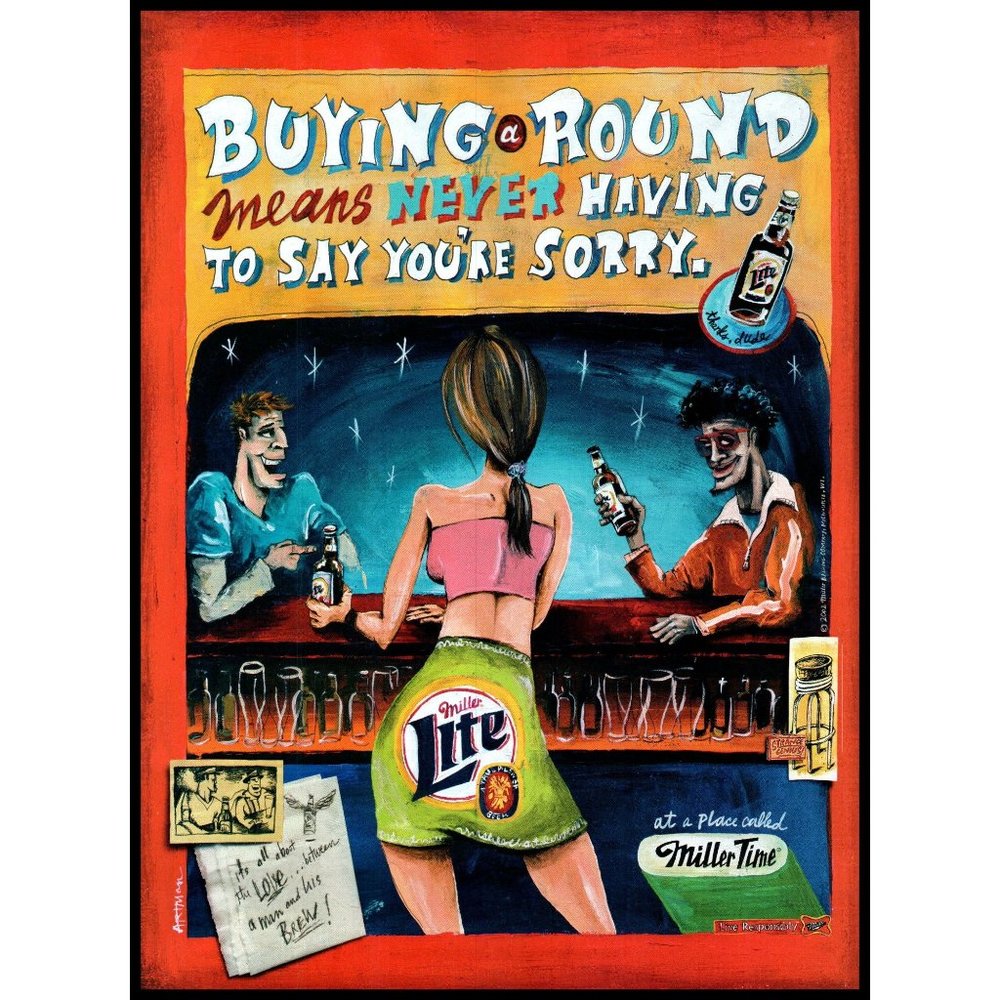 2002 Miller Lite Beer Vintage Print Ad Bartender Behind Bar Cartoon Wall Art
